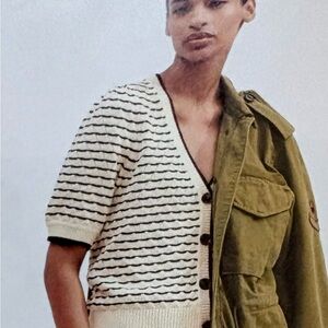 ME + EM Striped Puff-Sleeve Cotton-Knit Cardigan